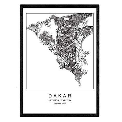 Lámina Mapa De La Ciudad Dakar Nordico En Blanco Y Negro Poster A4