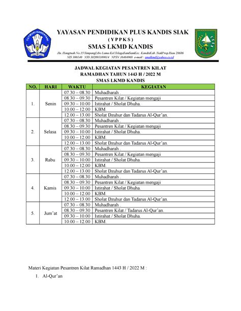 Jadwal Kegiatan Pesantren Kilat YAYASAN PENDIDIKAN PLUS KANDIS SIAK