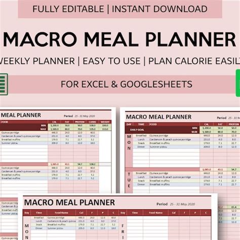 Macro Meal Planner for Excel and Googlesheets Fully Editable - Etsy