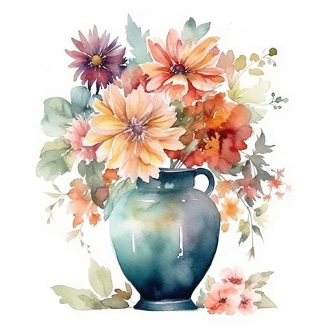 Premium Ai Image Watercolor Painting Of A Vase With Flowers And Leaves