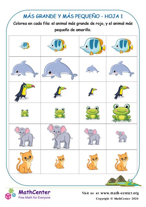Pre Jardín de Infantes Hojas de trabajo Comparar Tamaños Math Center