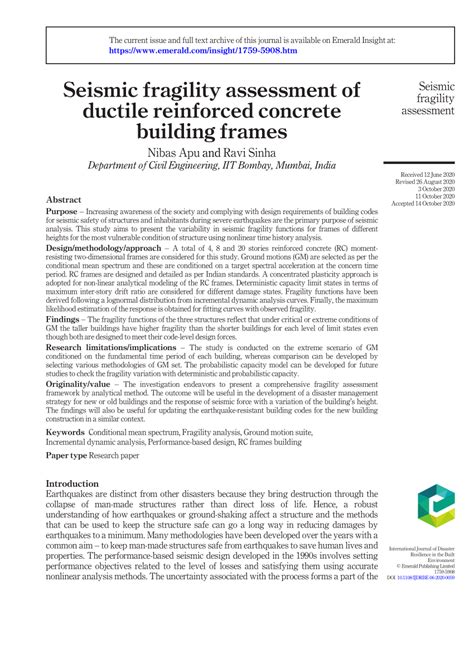 PDF Seismic Fragility Assessment Of Ductile Reinforced Concrete