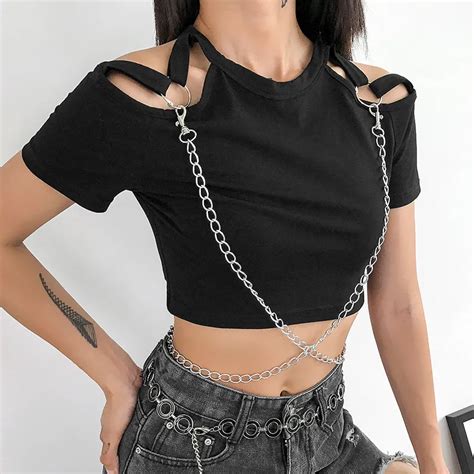 Punk Tişört Kadınlar Kısa Kollu Zincirli Hollow Out Sext Crop Top Tees Gotik Streetwear Moda