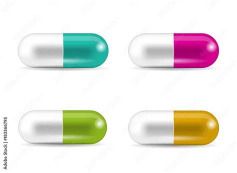 Set Of Capsule Shaped Tablets Collection Of Pills In Caplet Forms