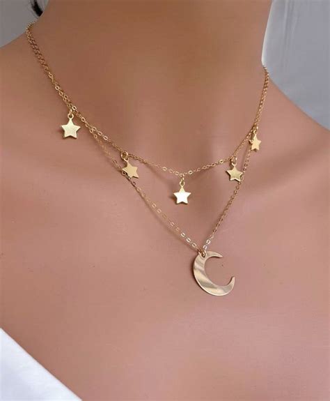 Gold Layered Necklace Moon And Star Necklace Gold Fill Layered Necklace Set Star Moon Necklace