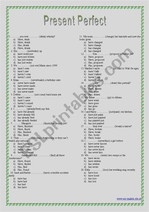 Present Perfect A Multiple Choice Test Esl Worksheet By My Pl English Grammar