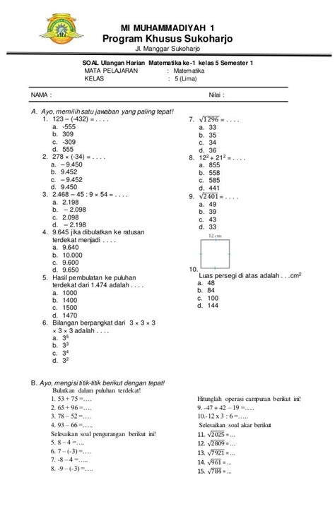 Soal Ulangan Harian Matematika Kelas 5 Semester 2 Bangun Ruang Riset