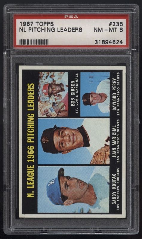 1967 Topps NL Pitching Leaders 236 Koufax Marichal Perry Gibson PSA 8