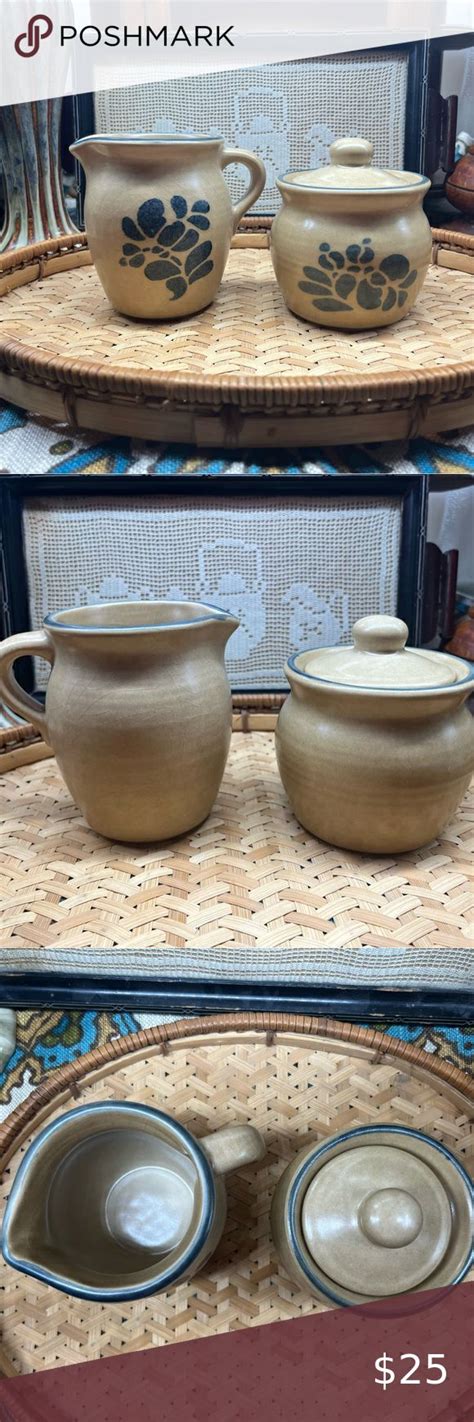 Vintage Pfaltzgraff Folk Art Pattern Stoneware Sugar And Creamer Set In