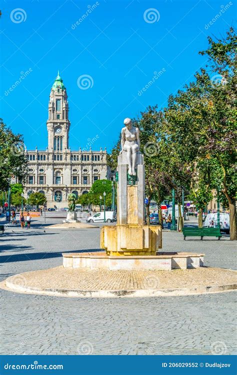 Statue Of The Naked Girl And The Town Hall Of Porto In Portugal