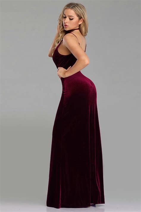 Sexy Spaghetti Straps Burgundy Velvet Split Prom Dress