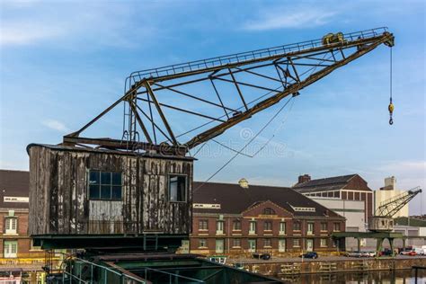 Old Cranes Docks Warehouses And Industrial Buildings At The Be Stock