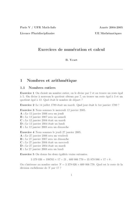 PDF Exercices de numération et calcul 1 Nombres et arithmétique