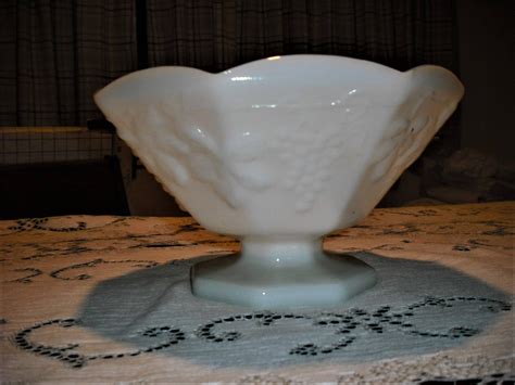 Vintage Large Milk Glass Grape And Leaf Pattern Pedestal Bowl