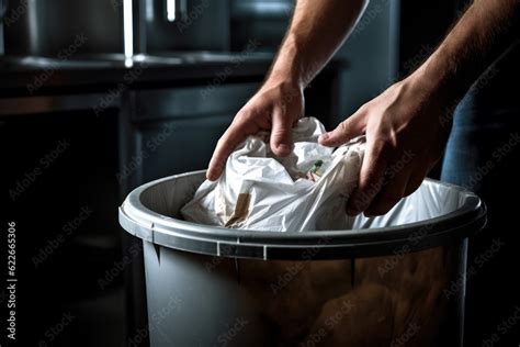 hands of a person throwing away a trash garbage bag in a trash bin in the kitchen. Generative AI ...