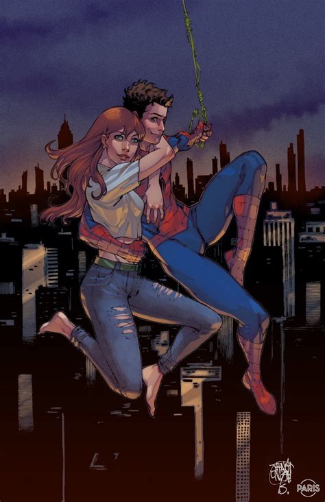 An Image Of A Man And Woman In The Air With Spider Man On His Back