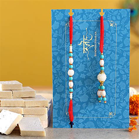 Blue Pearl And Lumba Rakhi Set With Kaju Katli Exp Uk Gift Blue Pearl