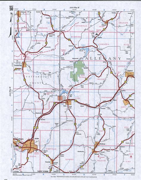 Image map of Allegany County, New York state. Detailed road map of Allegany