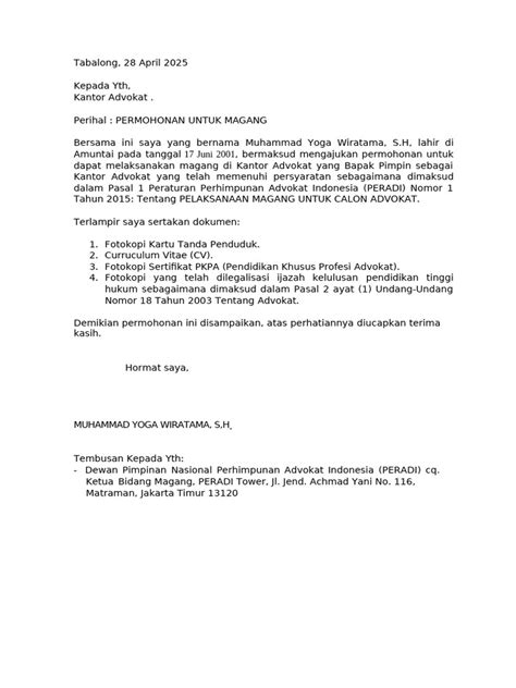 permohonan magang  kantor advokat