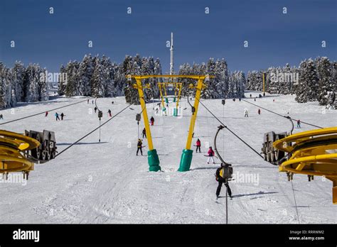 Uludag, Bursa / Turkey - January 22 2019: Winter ski resort. Ski lift ...