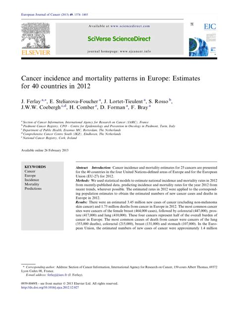 Pdf Reprint Of Cancer Incidence And Mortality Patterns In Europe Estimates For 40 Countries