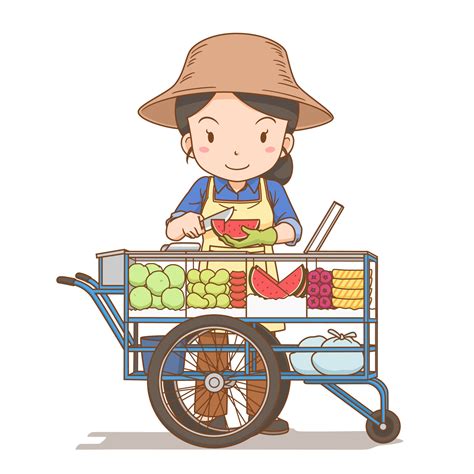 Cartoon Illustration Of Thai Fresh Fruit Street Vendor Vector