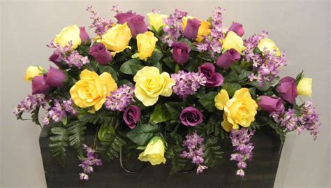 Yellow Purple Rosebud Lilac Deluxe Silk Flower Cemetery Headstone