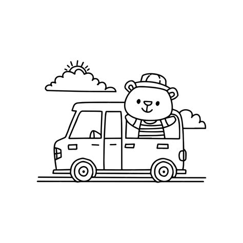 Premium Vector | Simple drawing of hype bear driving a van in beach