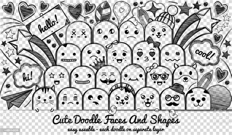 Doodle Kawaii Faces Set Hand Drawn Vector Illustration Isolated On Transparent Background Stock ...