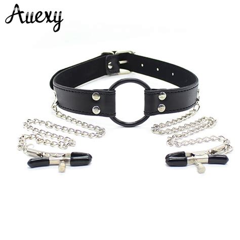 Auexy Leather Mouth Gag Ball Oral Sex With Breast Nipple Clamps With