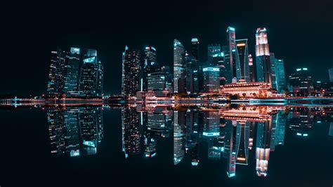 night city, buildings, reflection, lake, skyscrapers, lights, electricity, 4k HD Wallpaper