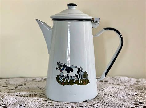 Vintage White Enamel Coffee Jugpitcher Farmhouse White Etsy