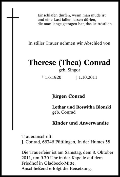 Traueranzeigen Von Therese Conrad Trauer In Nrw De