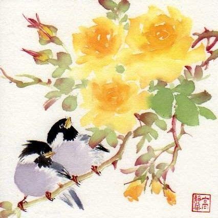 Two Birds Sitting On A Branch With Yellow Roses In The Background And