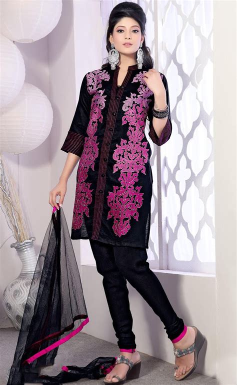 Black Sleeve Chanderi Silk Short Length Churidar Suit Silk