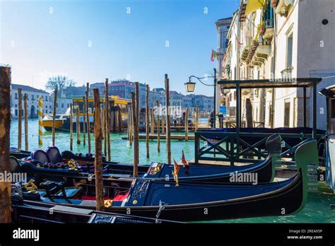 Traditional Gondolas Station On Famous Canal Grande With Magnificent