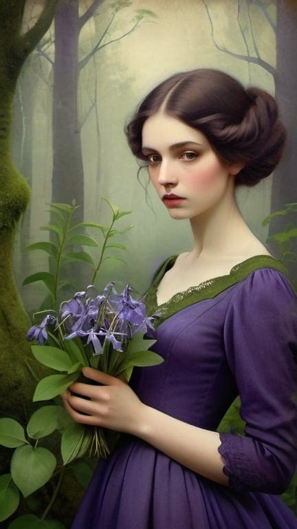 Beautiful Victorian Woman Holding Bluebells In A Pu