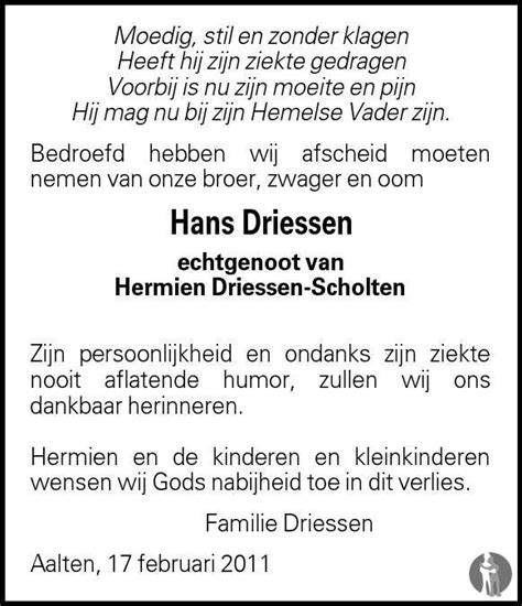 Johannes Hendrikus Hans Driessen Overlijdensbericht En