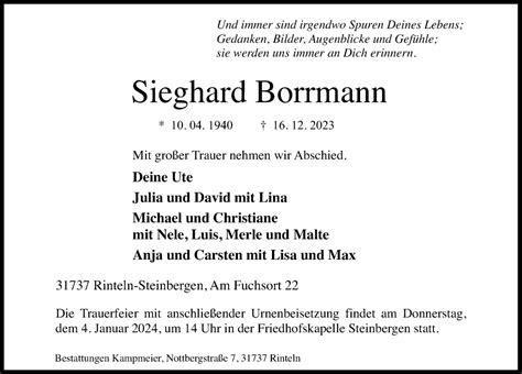 Traueranzeigen Von Sieghard Borrmann Trauer Anzeigen De