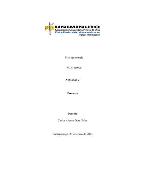 Actividad 2 taller 2 Microeconomía NCR 40 995 Actividad 3 Presenta