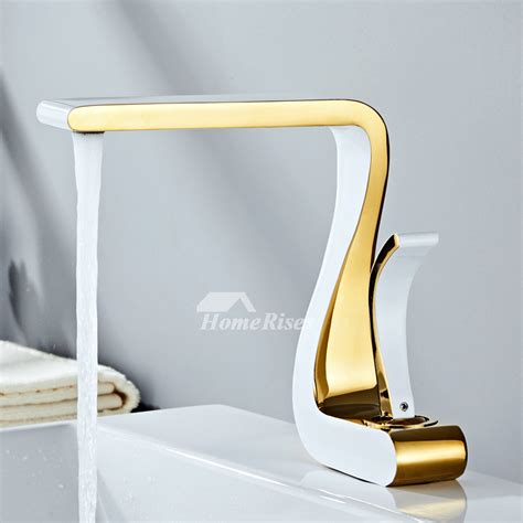 Polished Gold Bathroom Sink Faucets Single Handle Luxury Brass White ...