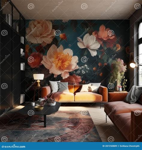 Modern Living Room Interior, Beautiful Floral Mural, Flowers on Wall Stock Illustration ...