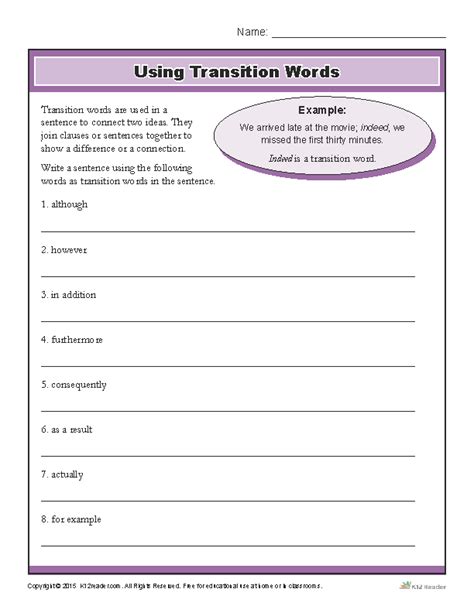 Worksheet Transition Words