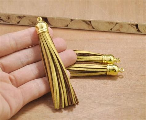 12 Piece Gold Suede Tassels 86mm Fringe Tassels With Gold Plastic Cap Charms Leather Tassel