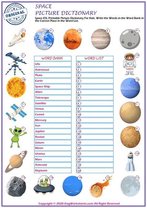 Space Printable English ESL Vocabulary Worksheets - EngWorksheets