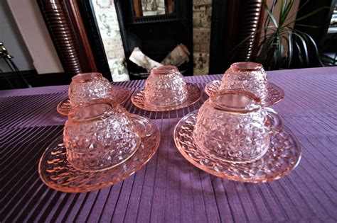 Vtg Jeannette Holiday Button And Bows Pink Depression Glass Teacup And Saucer Set Ebay