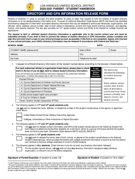 Fillable Online Directory And Gpa Information Release Form Fax Email