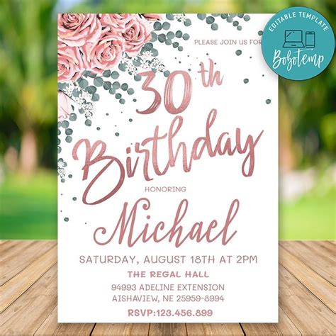 Editable Rose Gold 30th Birthday Invitation Instant Download Bobotemp