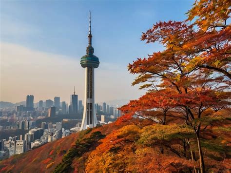 Premium Photo Namsan Tower And Pavilion During The Autumn Leaves In