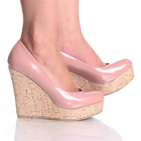 Light Pink Patent Cork Platform Wedge Heel Dress Pump Womens Shoes